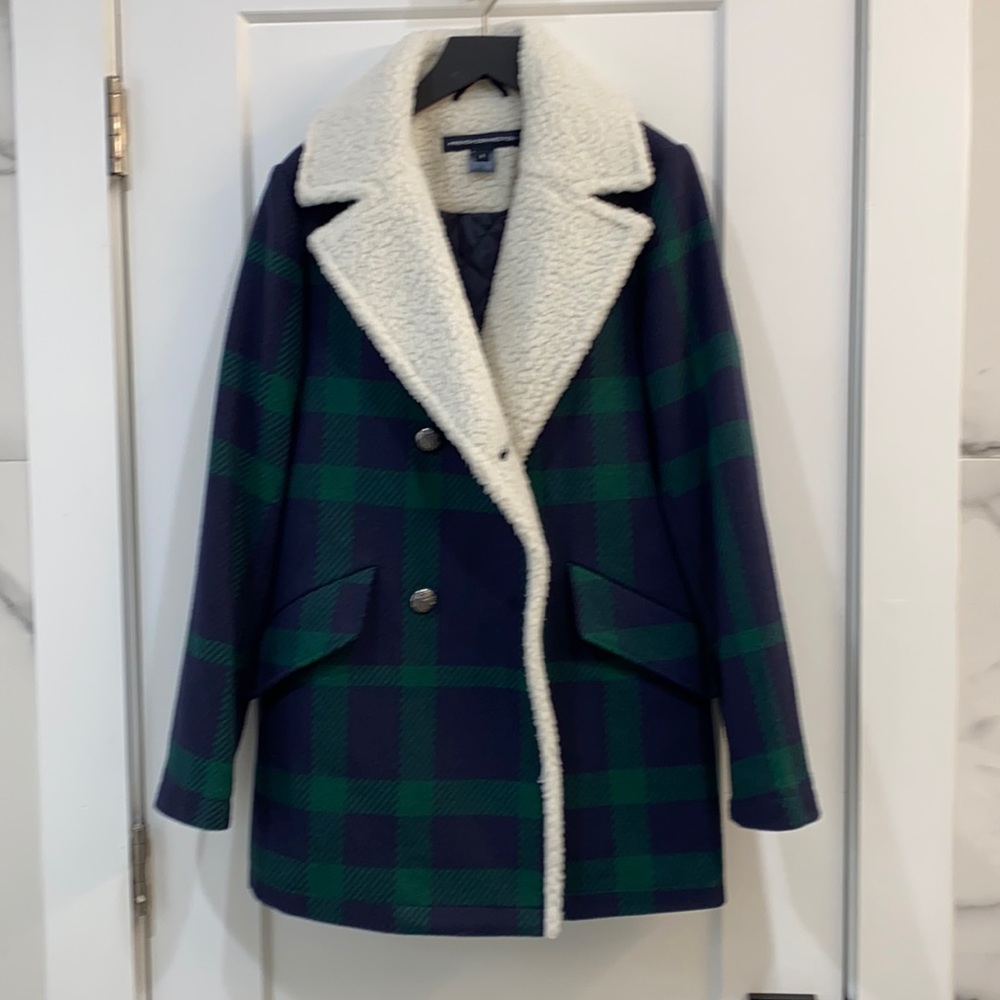 French connection size small plaid pea coat with faux shearling collar